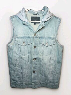 Sleeveless Denim Vest Detachable Hood Stone Wash Blue & Gray Size M Grunge